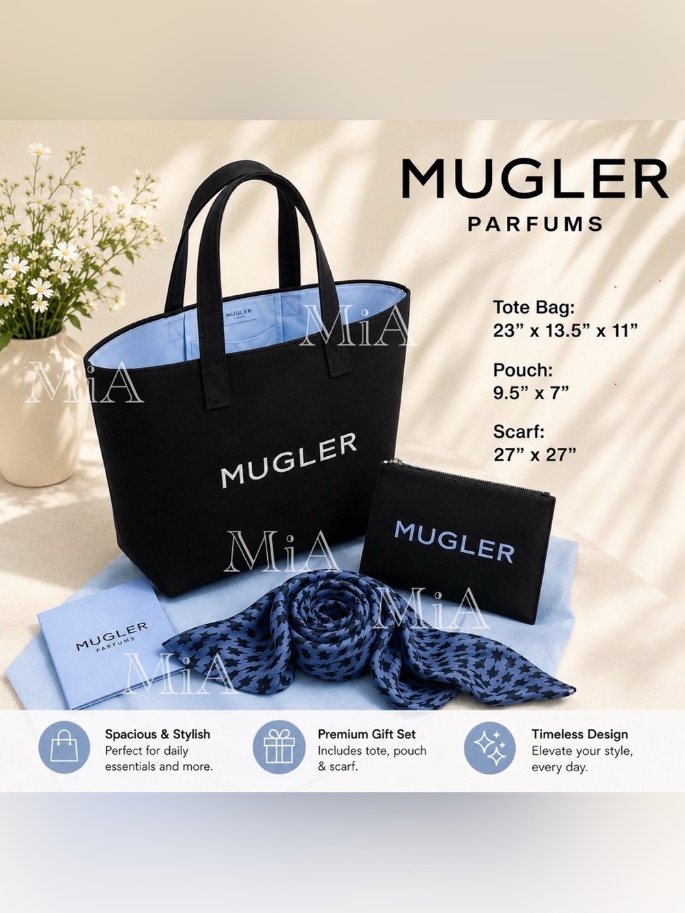 MUGLER Tote Bag + MUGLER Cosmetic Pouch + MUGLER Scarf (3pcs Set)